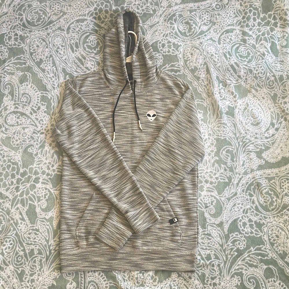 Grey pullover with hoodie.